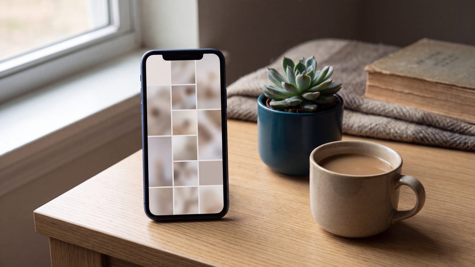 A smartphone on a desk showing a soft abstract grid
