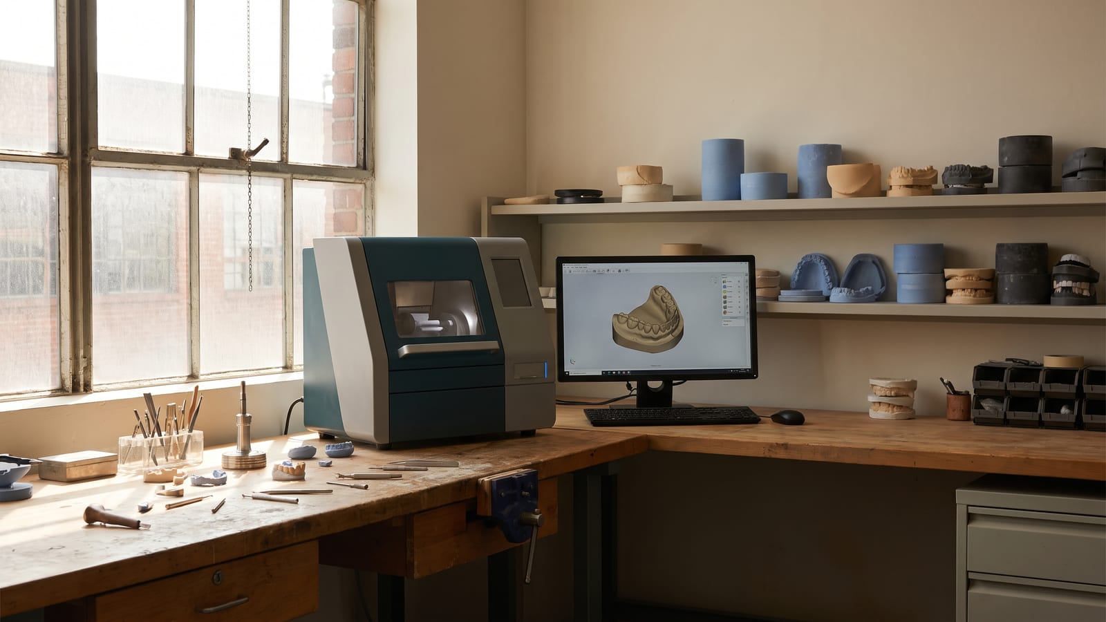 A quiet dental lab workbench with milling equipment in soft morning light