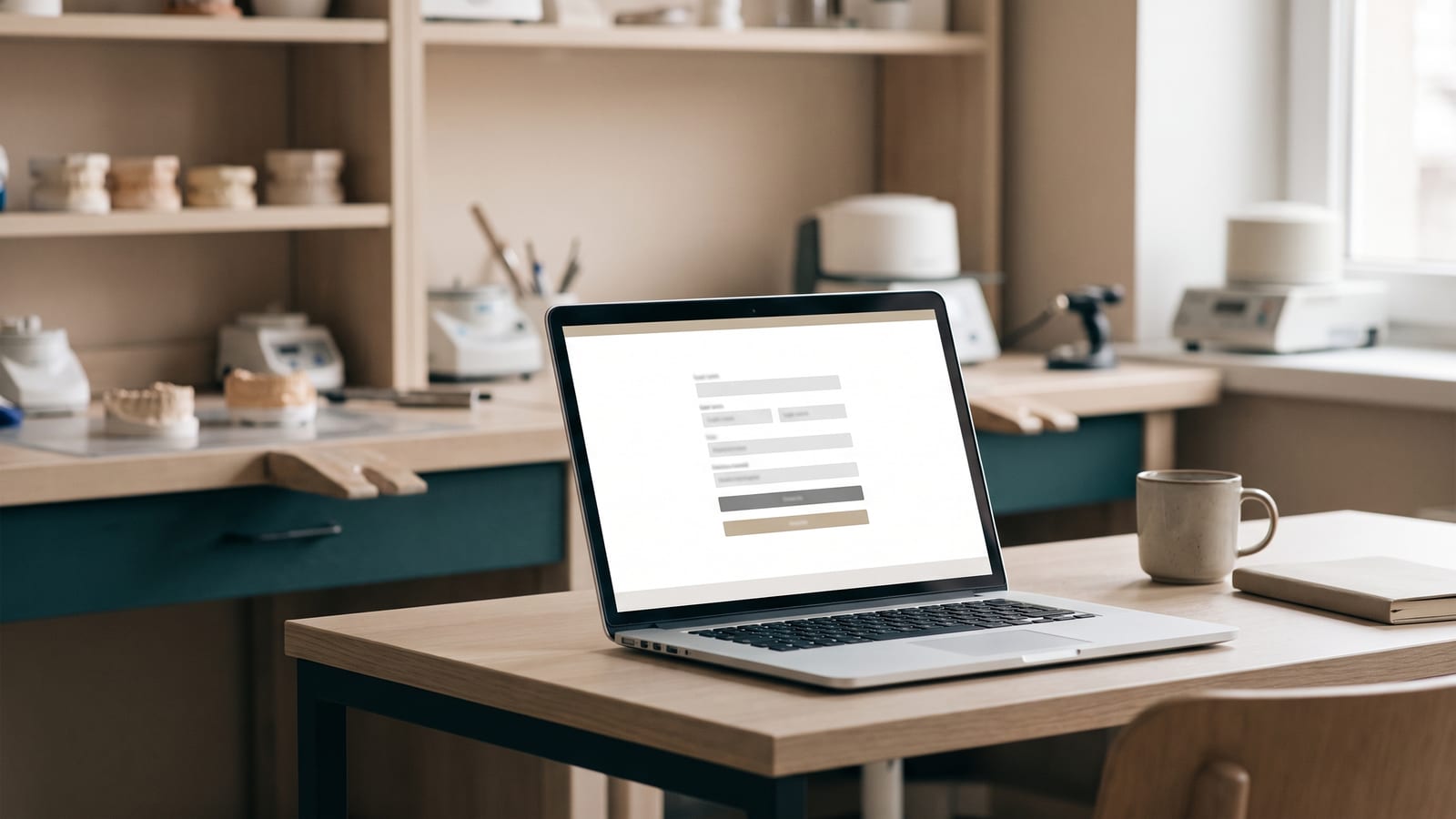 A laptop on a clean desk showing a simple lab web form, with blurred lab equipment in the background