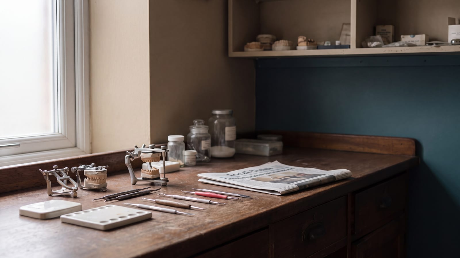 A small dental lab workbench with a local community newspaper folded beside it