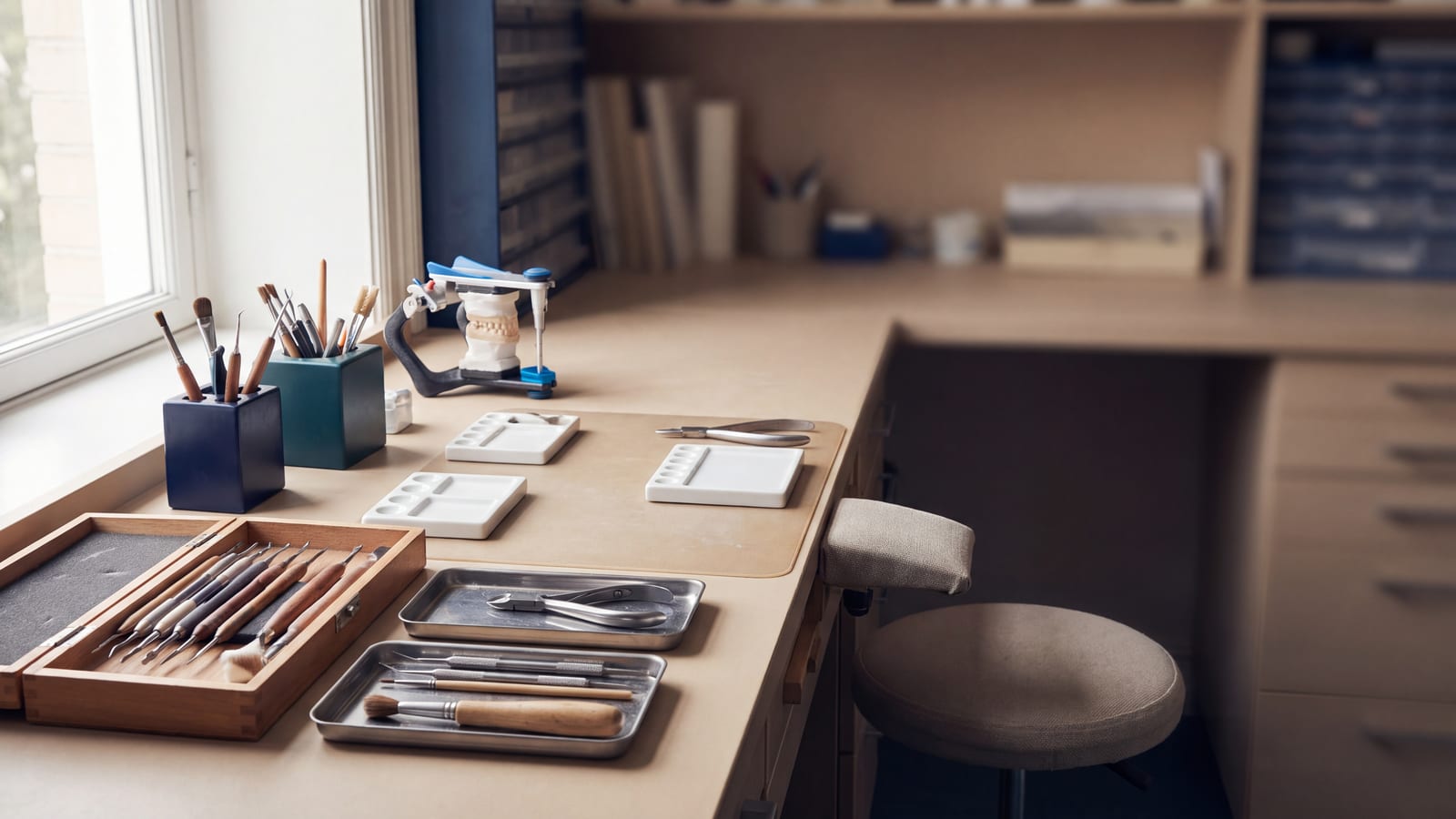 A small dental lab workbench next to a larger production floor, shown in muted tones