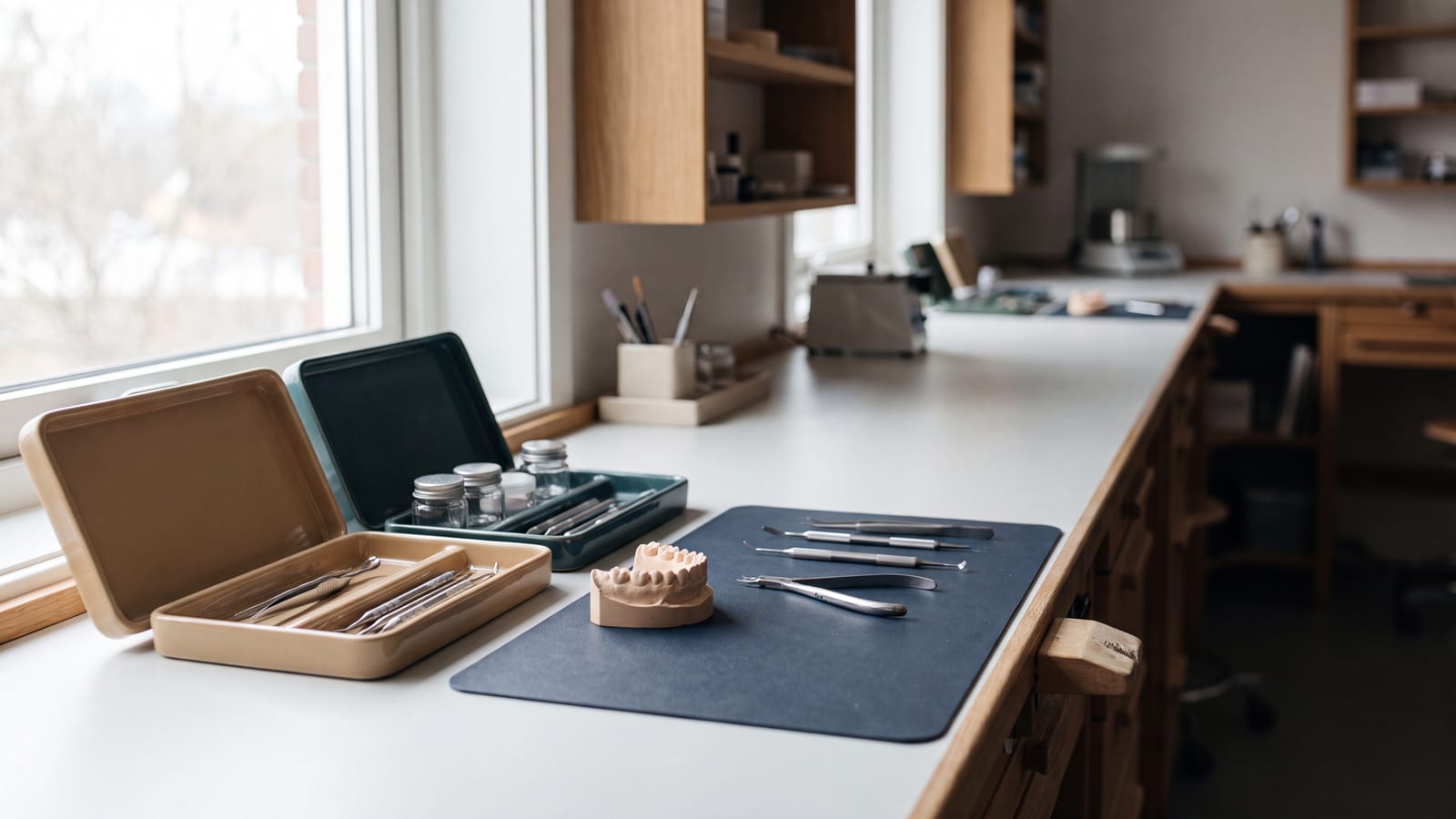 A small dental lab workbench next to a stack of case boxes, calm and orderly